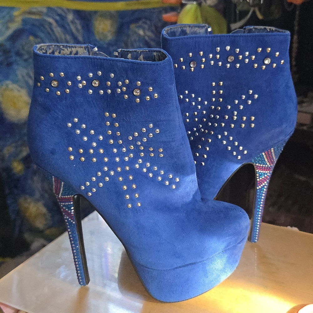 Blue Studded Suede Platform Ankle Boots